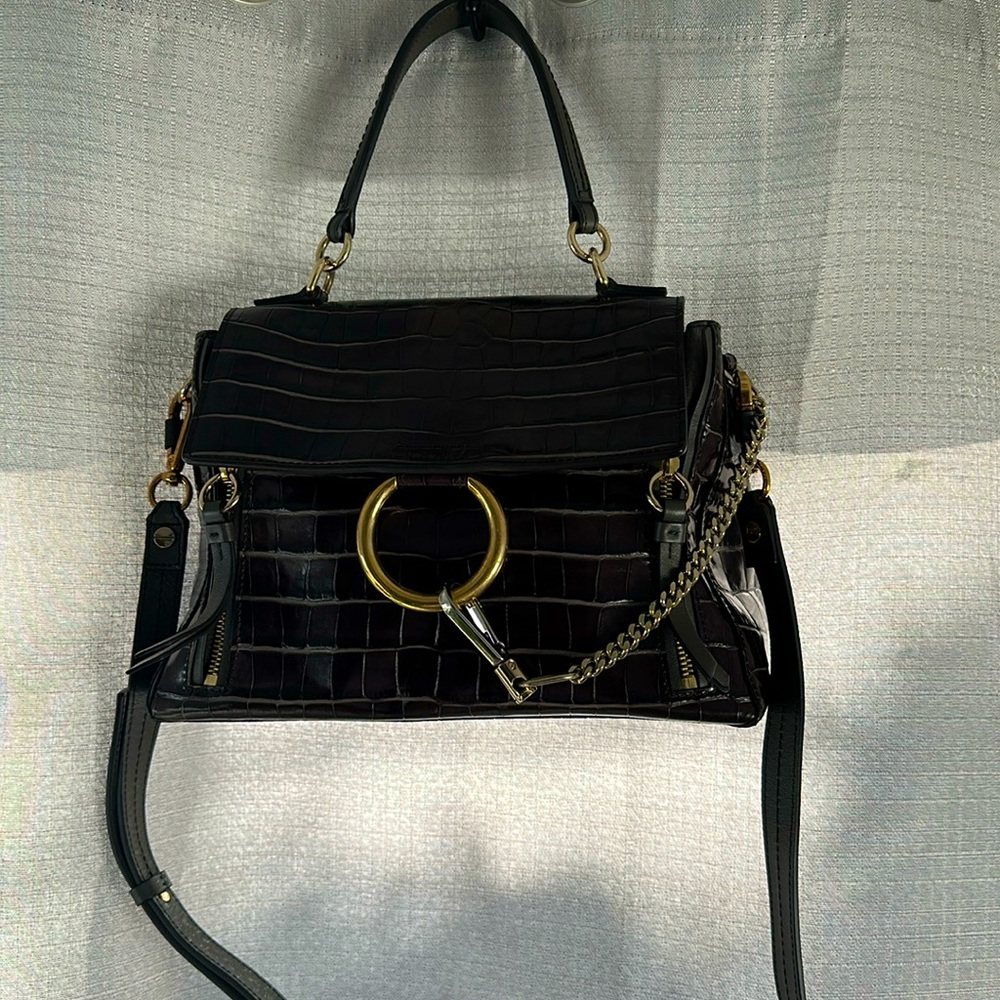 Chloé Faye Embossed Shoulder bag in Chocolate Brown Calf Leather